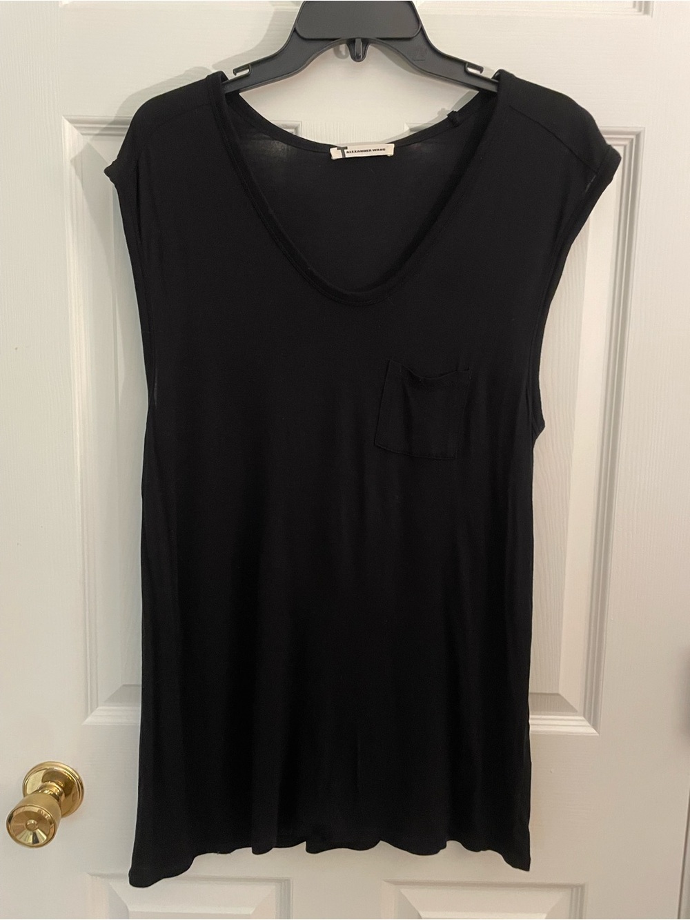 T by Alexander Wang Black V-Neck Cap Sleeve Pocket Tee